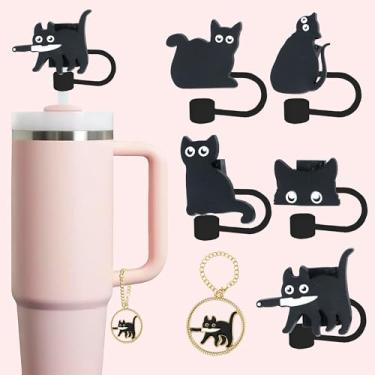 Imagem de Topo de palha de gato preto, capas de palha de gato fofo de 10 mm (0,4 pol) para acessórios de copo Stanley - presentes de gato preto, acessórios - 5 peças de topo de palha de gato preto e 1 peça de