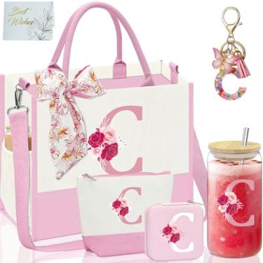 Imagem de AiHeart Sacola de lona inicial, presentes de aniversário para mulheres, presentes com monograma para mulheres, copo de vidro inicial, presentes personalizados para mulheres, bolsa de maquiagem