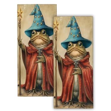Imagem de VODRM Sapo mágico retrô 2 peças de toalhas de mão, bruxa mágica vintage decoração conjunto de toalhas de cozinha, toalha de mão de prato de poliéster, 36,8 cm x 71 cm, macio absorvente, para banheiro
