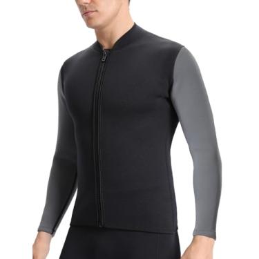 Imagem de TBLUITE Roupa de mergulho feminina, jaqueta de natação masculina, juvenil, roupa de banho molhada, 2 mm, neoprene térmico, zíper frontal, manga comprida, água fria, mantém quente, mergulho, surfe