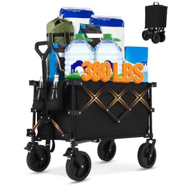 Imagem de KYBOLT Carrinho dobrável dobrável com capacidade de peso de 172 kg, carrinho utilitário de jardim dobrável resistente com grandes rodas de praia para todos os terrenos e suportes de bebidas para