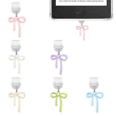 Imagem de 6 peças de pingentes para Kindle, pingente de plugue de poeira de arco compatível com Kindle com porta de carregamento tipo C, presente de coquete para amantes de livros, leitores, homens, mulheres,