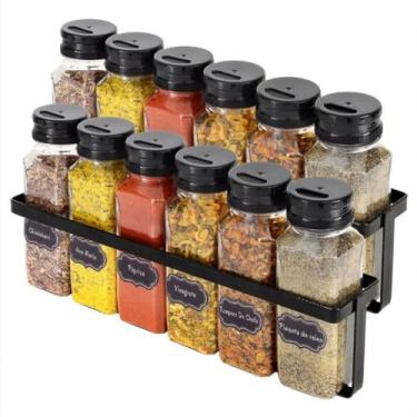 Imagem de Porta Temperos Condimentos Suporte De Parede Cozinha 12 Potes Preto Tampa Dosadora com Caneta e Etiqueta
