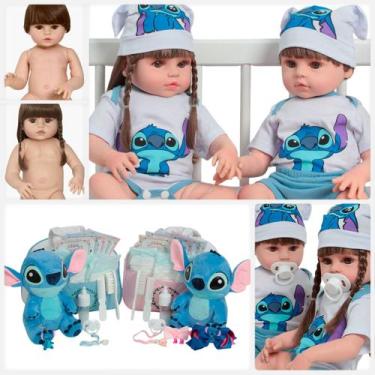 Imagem de Boneca Reborn Bebê Gêmeos Menino Menina Stitch Bolsa Itens - Cegonha R