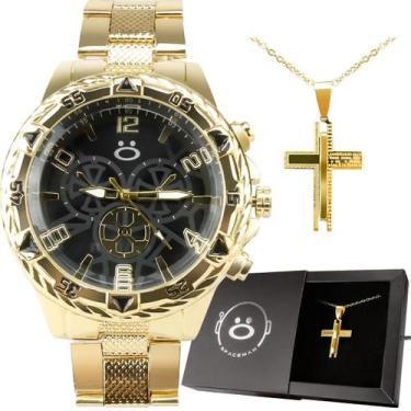 Imagem de relogio masculino banhado ouro aço inox + caixa + cordao casual inoxid