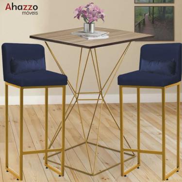 Imagem de Kit Mesa Bistrô Lucca e 2 Banqueta Lucca Alta Com Encosto Tampo Madeira Ferro Dourado Corino Azul Marinho e Almofada Azul Marinho - Ahazzo Móveis
