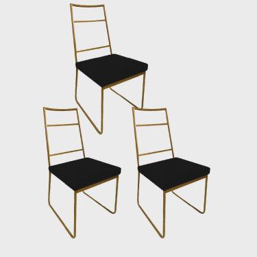Imagem de Kit 03 Cadeiras Sala de Jantar Escritório Office Stark Industrial Ferro Dourado Corino Preto - Ahz Móveis