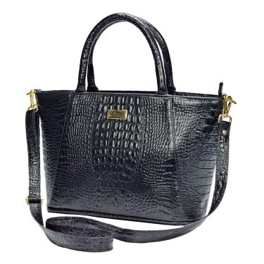 Imagem de Bolsa Tote Preta Couro Legìtimo Feminina Mão Ombro Transversal Tiracolo Madamix