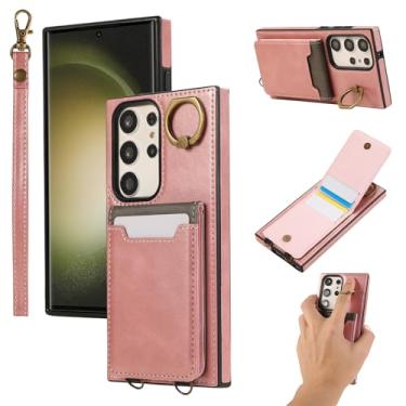 Imagem de Capa para Samsung GalaxyS23FE com suporte e suporte para cartão, capa de telefone de couro de grão de bezerro com 4 compartimentos, anel de metal removível + alça de pulso, design de bloco de cores