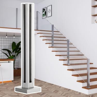 Imagem de Sistema de trilhos de vidro quadrado Indoor, 25,6 "- 59" Balustrada pós-correio da escada do corredor, 304 clipes de painel de vidro de aço inoxidável, posto de canto de prata, H150cm/59