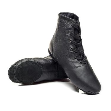 Imagem de ZHENSI Botas femininas de jazz cano alto sapatos de dança de couro com cadarço sola dividida para meninas, Preto, 6.5