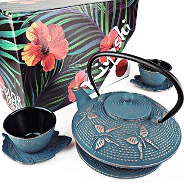 Imagem de KIYOSHI Conjunto de chá japonês luxuoso de 7 peças. Pote de chá de ferro fundido "Blue Butterfly" com 2 xícaras de chá, 2 pires, infusor de chá de folha solta e tripé de bule de chá. Acessórios Matcha Ceremonial e presentes de aniversário de ferro