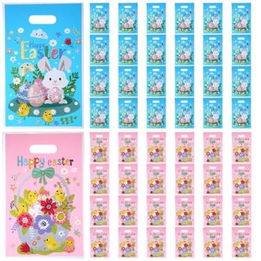 Imagem de 50 unidades de sacos de guloseimas de Páscoa com alças, sacos de guloseimas para crianças, sacolas de presente de doces de plástico para decorações de festa de Páscoa, suprimentos de lembrancinhas