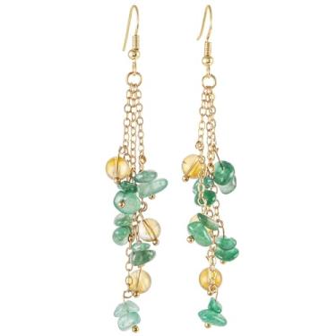 Imagem de Nupuyai Brincos pendentes femininos feitos à mão com corrente longa dourada pendurada, Aventurina verde, Pedra de aventurina verde