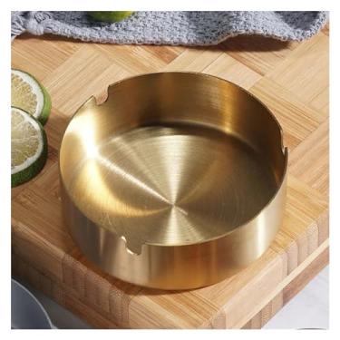 Imagem de Cinzeiro Cinzeiro redondo de aço inoxidável para cigarro, 8cm, mesa portátil, bandeja de cinzas de metal prateado para fumante, à prova de cinzas, decoração de casa Cinzeiro de Mesa(Gold)