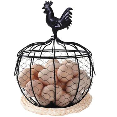 Imagem de Cesta de ovos de aço inoxidável com tampa de galo – Base antiderrapante oval ventilada cesta de arame para bancada, armazenamento multiuso de frutas e vegetais - decoração de fazenda (tampa de frango)