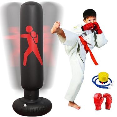 Imagem de Saco de pancada inflável para crianças, saco de boxe infantil autônomo com suporte, saco de pancadas de 160 cm com bomba de ar e luvas de boxe para kickboxing de karatê, equipamento de treino,