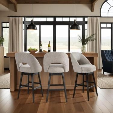 Imagem de Armen Living Adrian Gray Banqueta giratória estofada de madeira maciça 76 cm de altura com assento de tecido Morning Fog - Conjunto de 3