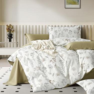 Imagem de Aleissel Conjunto de cama solteiro de algodão botânico branco – 2 peças leves com enchimento alternativo, luxuoso design reversível de mostarda pálida (1 edredom, 1 fronha)