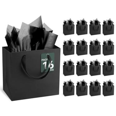 Imagem de Sacos de presente pretos com alças e papel de seda, 16 peças, sacos de presente de papel Kraft resistentes de 30 x 11 cm, a granel para casamento, festa, aniversário, negócios e compras