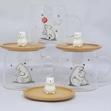 Imagem de Caneca Xícara Vidro Duplo com Pires Tampa Bambu 250 ml (Urso)