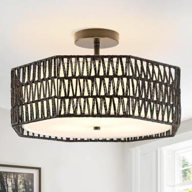 Imagem de SupMaka Luminária De Teto 17,6" Em Rattan, 3 Abajures Estilo Boho Com Cúpula Tecido, Lustre Preto Trançado Para Sala Jantar, Ilha Cozinha, Estar E Quarto