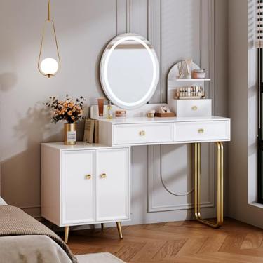Imagem de Chrangmay Creme, Penteadeira Com Espelho E Luzes, Pequena 2 Gavetas Espaçosas, Mesa Moderna Ajustável Para Quarto, Sala De Maquiagem, Escrivaninha, Barata