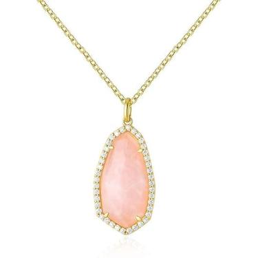 Imagem de G&GEMSJEW Colar de quartzo rosa em gota irregular de luxo natural | Moissanite de 0,15 ct e cristal rosa | Joias de casamento hipoalergênicas | Presente de dia das mães para esposa, Banhado a ouro