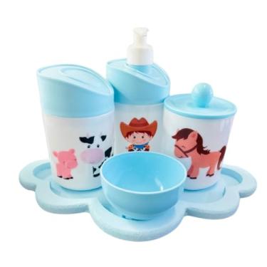 Imagem de Kit Higiene Baby Fazendinha Menino c/bandeja em MDF (Nuvem Azul/Azul)