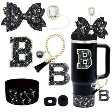 Imagem de Conjunto de acessórios de copo Stanley preto de 7 peças, decorações de iniciais para Stanley Cup 850.5 g 1,134 g, inclui cobertura de canudo de joia, tampa à prova de derramamento, pingente de alça