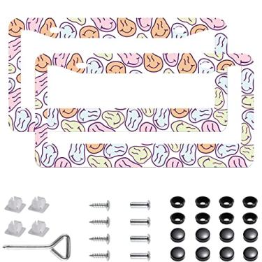 Imagem de 2 peças engraçadas sorridentes molduras de placa de licença suportes de tampa de aço inoxidável engraçado sorridente capa de placa de licença com tampa de parafuso e conjunto de chave de fenda - 3 furos para meninas mulheres (padrão boêmio)