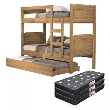 Imagem de Beliche com Escada Cama Auxiliar 100% MDF Reforçada Incluso 3 Colchões