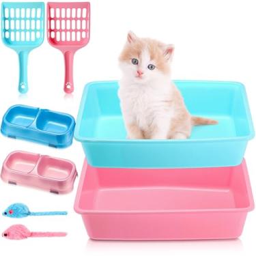Imagem de Beeveer 2 conjuntos de caixa de areia para gatinhos, 2 peças de plástico pequeno caixa de areia de treinamento de entrada baixa com 2 pás, 2 tigelas para gatos e 2 brinquedos de rato para kit inicial