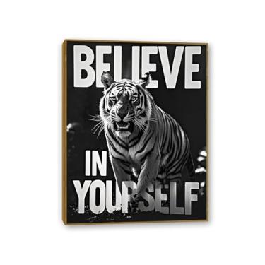 Imagem de Arte inspiradora de parede de escritório tigre feroz tigre preto branco impressão em tela pôsteres inspiradores de animais citações motivacionais imagens para decoração de parede de quarto masculino