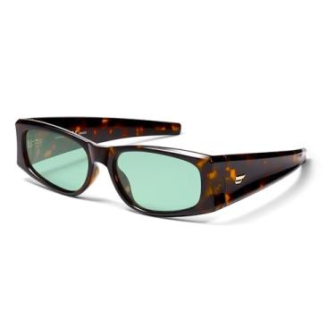 Imagem de VANLINKER Óculos de sol retangulares modernos Rave Y2K polarizados para mulheres e homens 2025 óculos escuros de designer de moda VL9861, Armação Tortosie Lente matizada verde-azulado, Small