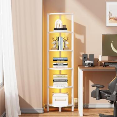 Imagem de TUTOTAK Prateleira de canto com luz LED, estante de canto de 6 camadas para espaço pequeno, suporte de prateleira de canto estreito com rack de armazenamento, para sala de estar, quarto, branco