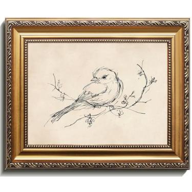 Imagem de uniro Arte de parede emoldurada em ouro vintage, pintura minimalista de impressão em tela de esboço de pássaro, imagem de arte de parede com desenho de linha de natureza antiga, decoração rústica bege