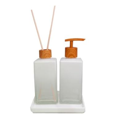 Imagem de Kit Conjunto Banheiro Branco Aromatizador Saboneteira Difusor Bandeja Linha Premium