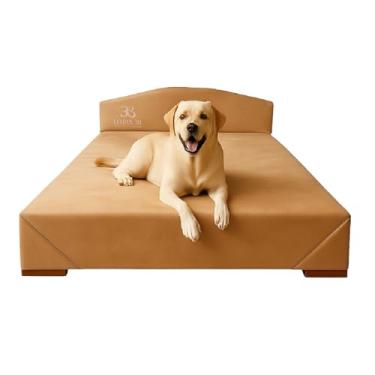 Imagem de Cama Box Pet 100cm para Cachorros de Grande Porte em Suede com Cabeceira (Bege)
