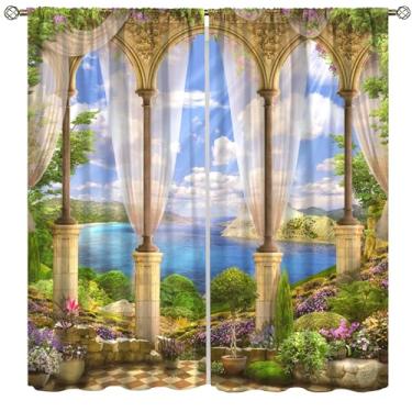 Imagem de Cortinas de paisagem natural, jardim, lindo pôr do sol, cenário oceânico, bolso para varão, cortinas blackout para janela para quarto, sala de estar, conjunto de 2 painéis, 106 x 113 cm