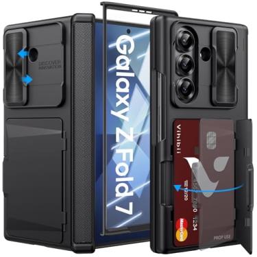 Imagem de Vihibii Capa para Samsung Galaxy Z Fold 7 com suporte para cartão e capa de câmera deslizante e protetor de tela externo e proteção de dobradiça robusta, capa de telefone carteira resistente para