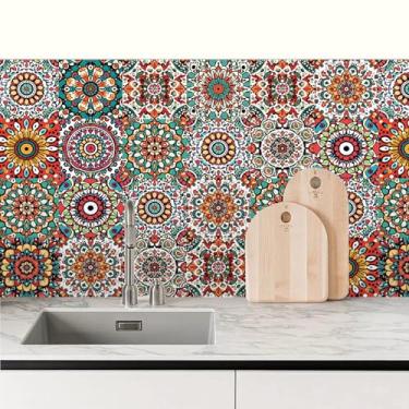Imagem de BSFHH Adesivos de parede de azulejo mandala - (15 x 15 cm) decalques à prova d'água para cozinha, banheiro, arte de vinil autoadesivo removível com padrões boêmios (multicolor2-12, 6 x 6)