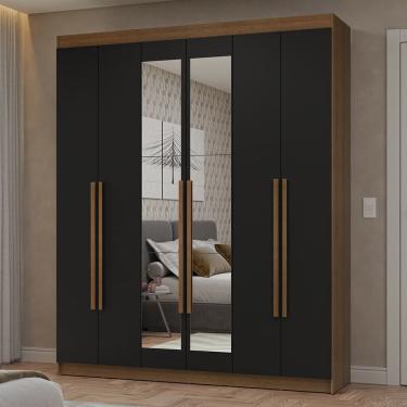 Imagem de Guarda-Roupa Casal 6 Portas Batentes com Espelho Rustic/Preto/Rustic Netuno Madesa