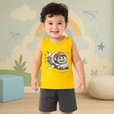 Imagem de Conjunto Infantil Masculino Regata Vermelha Astronauta e Bermuda Azul-