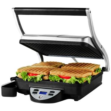 Imagem de Sanduicheira, Panini, Dupla Antiaderente Ferro Fundido, Aço Inoxidável, 4 Fatias, 1500W, 110v, OVENTE GP1000BR, Prateado