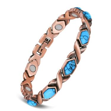 Imagem de Feraco Pulseiras de cobre puro para mulheres, pulseira magnética ultra forte com ímãs de 3800 gauss e turquesa natural e pedras, ajustável, joia de presente, One Size, Cobre, Sem Pedra Preciosa