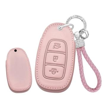 Imagem de HIBEYO Capa de chaveiro de couro adequada para Hyundai Elantra Palisade Kona Azera Santa Grandeur IG Acessórios de carro 3 botões Smart Remote Auto Key com chaveiro-B chaveiro rosa