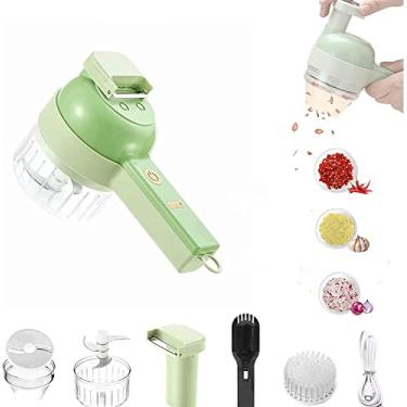 Imagem de Conjunto de cortador de legumes elétrico portátil 4 em 1, processador de alimentos sem fio para alho pimenta, cebola, aipo, carne gengibre com escova, cortador de legumes multifuncional