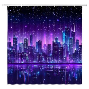 Imagem de EVRCVAR Cortina de chuveiro New York City Night View Cyberpunk Fantasy Cityscape Skyline Business Building Scenery Cortina de banheiro com ganchos (177.8 cm WX70 H)
