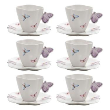 Imagem de Jogo 6 xícaras 200ml para chá de porcelana com pires Borboletas Wolff 